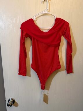 Pinkmstyle Off-Shoulder Long Sleeve Bodysuit - Red Size Small